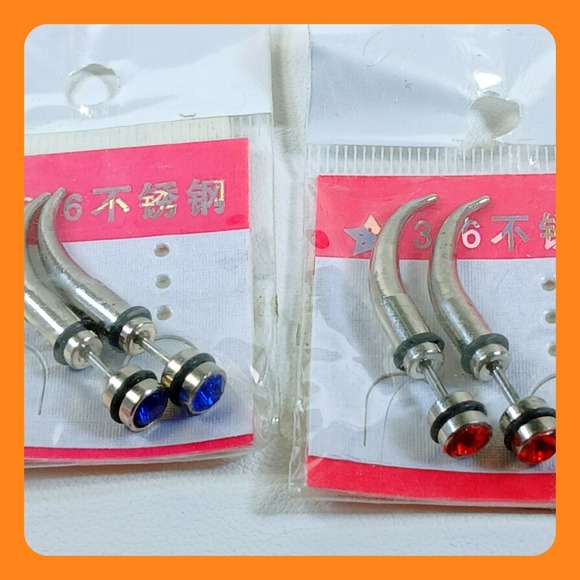 Unique Vintage Jewelry - Vintage 90s 316L Steel 14G Faux Taper Claw Earrings Red Blue Rhinestone 2 Pair